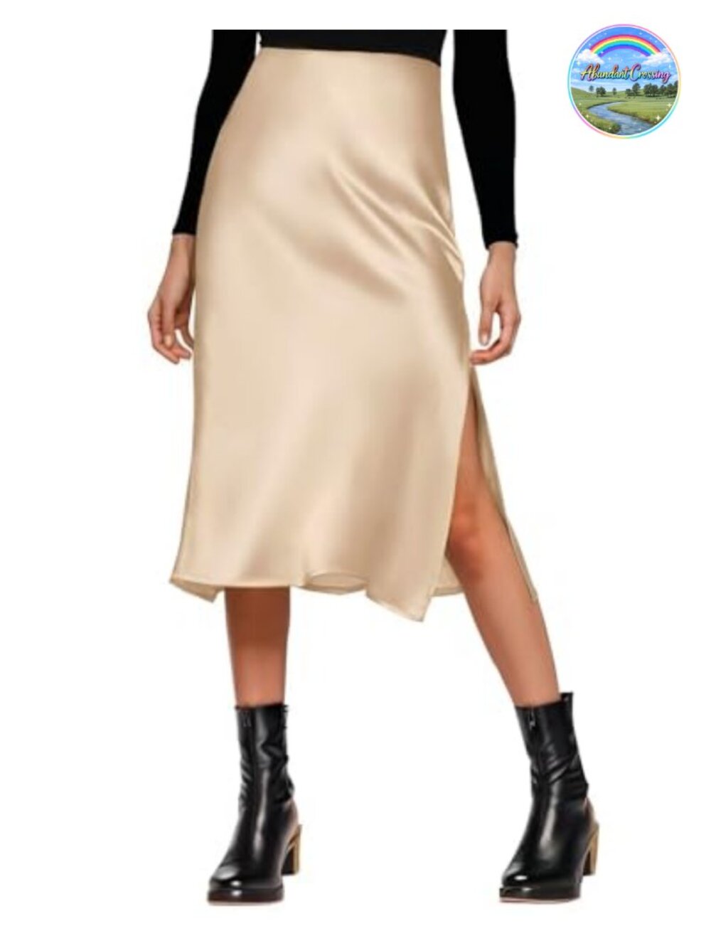 Satin Silk High Waist Slit Midi Skirt Pull-On A-Line